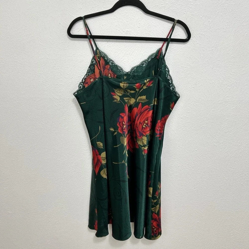 Vintage Robe & Slip Nightgown Slip Dress SET Solange Satin Green Floral 18/20